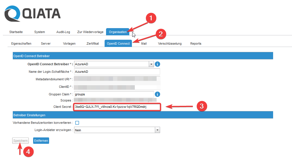 Add Client Secret to Qiata