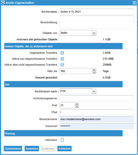 New Archive Dialog to FTP