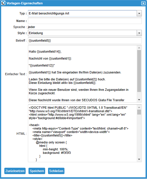 Template Properties Page for Email Notification Style