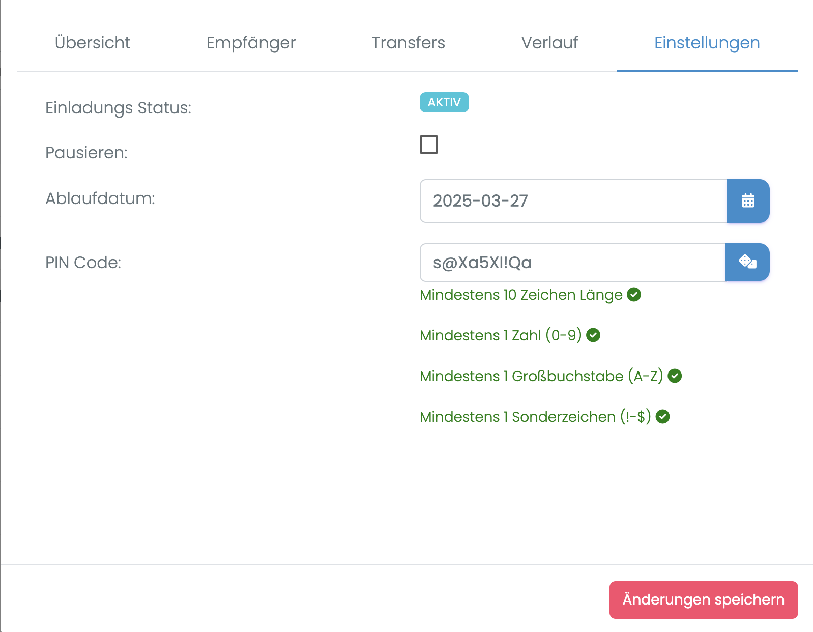 Einladung Einstellungen
