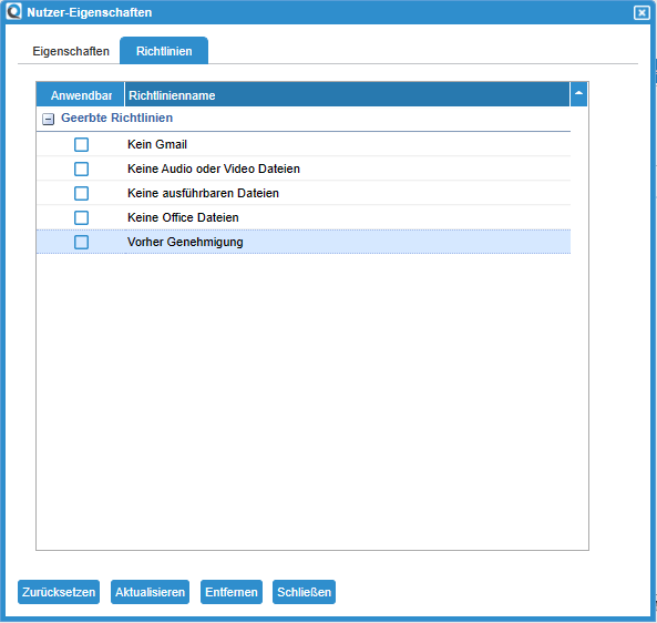 Policy Settings for User Edit
