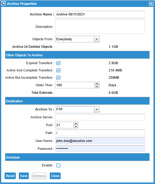 New Archive Dialog to FTP