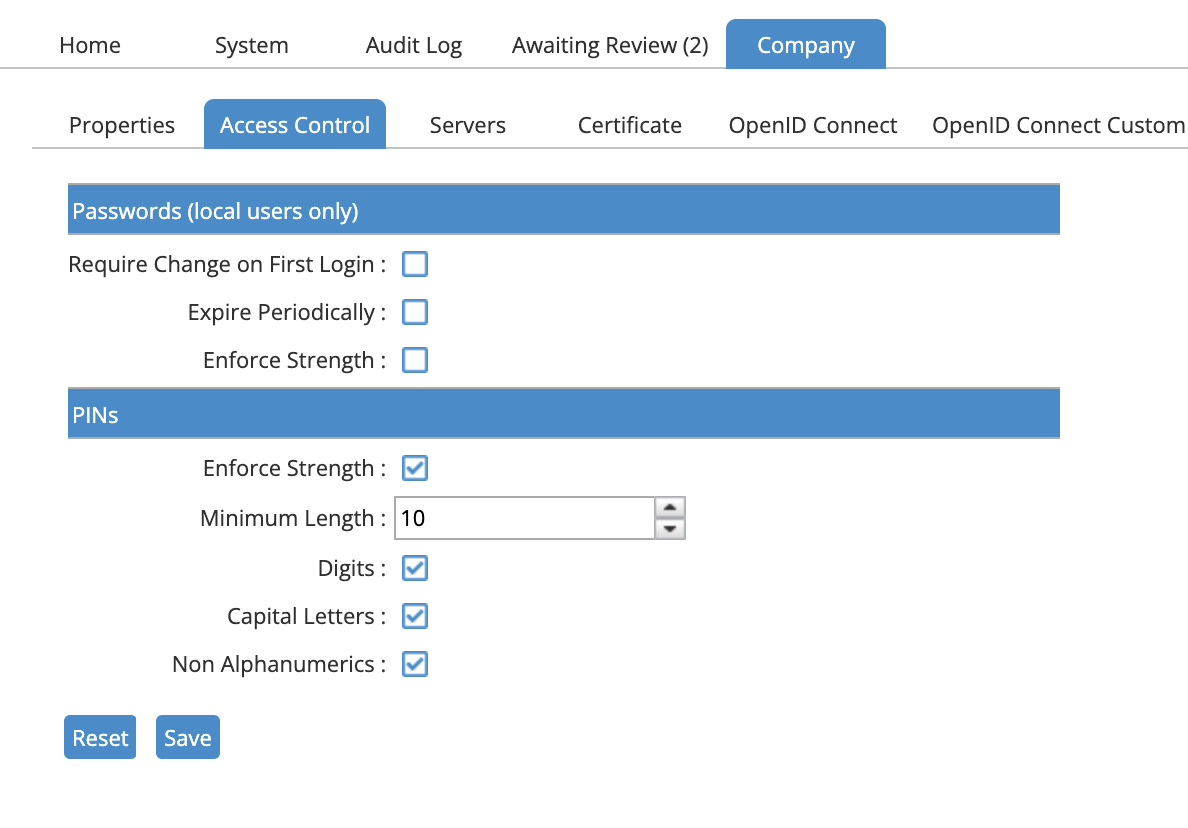 Password Security Settings