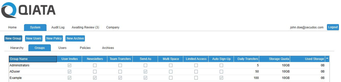 System page for Company Administrator