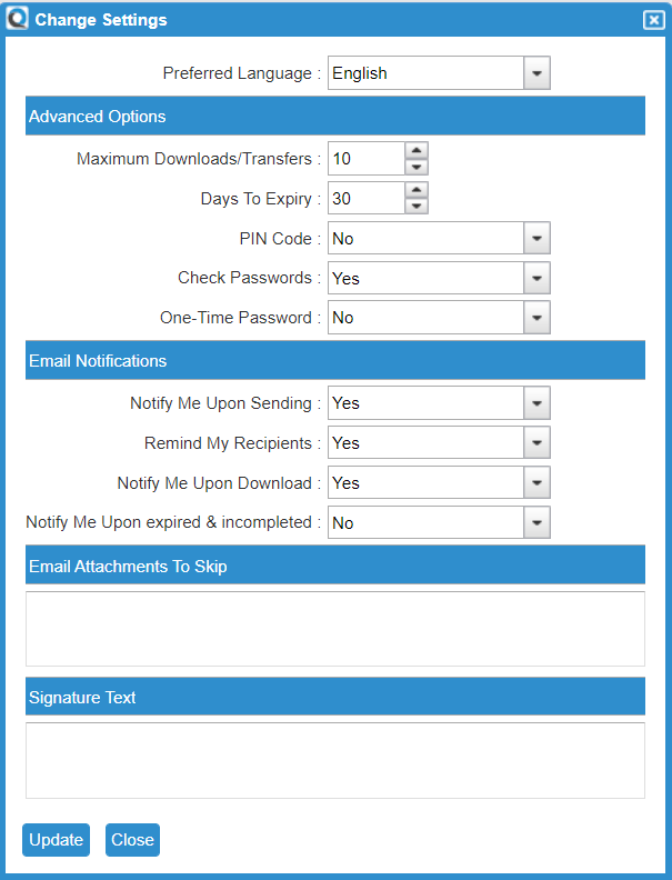 Change Settings Dialog